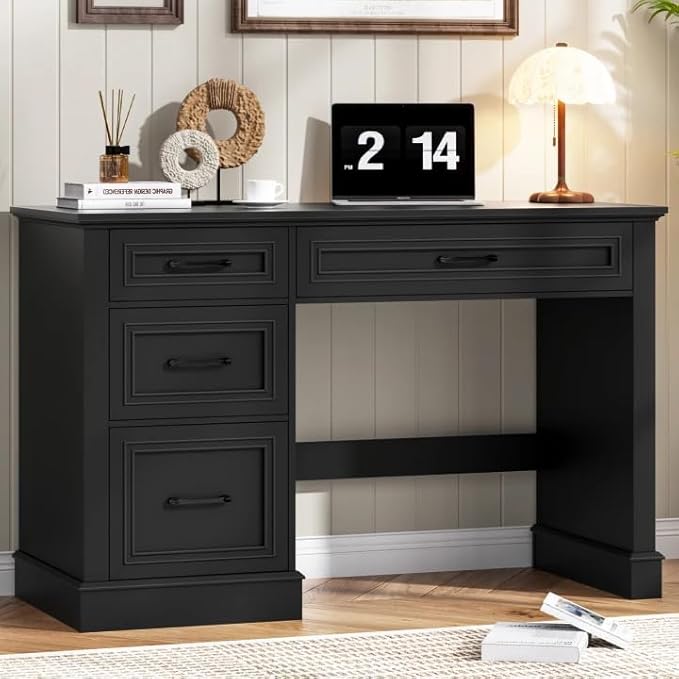 Farmhouse 47" Executive Desk with 3 Drawers and Adjustable File Drawer, Workspace for Home Office and Study, Pure Black.