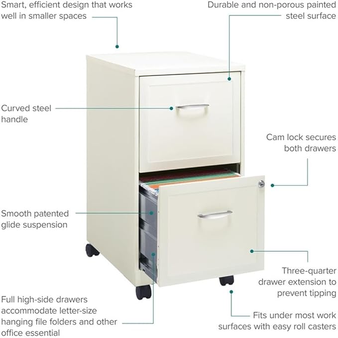 Scranton & Co 2-Drawer Metal Mobile Filing Cabinet, Pearl White Finish, 14.25" W x 18.00" D x 26.70" H, Locking Drawers for Letter-Size Files, Casters for Mobility, Home or Office Storage Solution