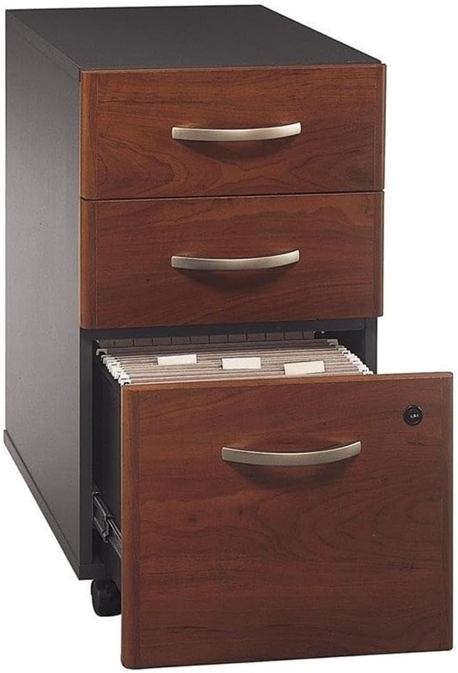 Scranton & Co 3-Drawer Mobile Pedestal Filing Cabinet, Hansen Cherry Finish, Locking Bottom Drawers, Ball-Bearing Slides, Fits Under Desk Shell, Office Storage Solution for Legal and Letter Files