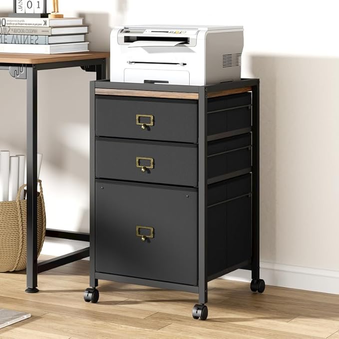 PULLAFUN 26.3" H 3 Drawer File Cabinet, Rolling File Cabinet Under Desk, Mobile File Cabinets for Home Office Vertical Office Storage Cabinet for Letter Size File Folders, Black