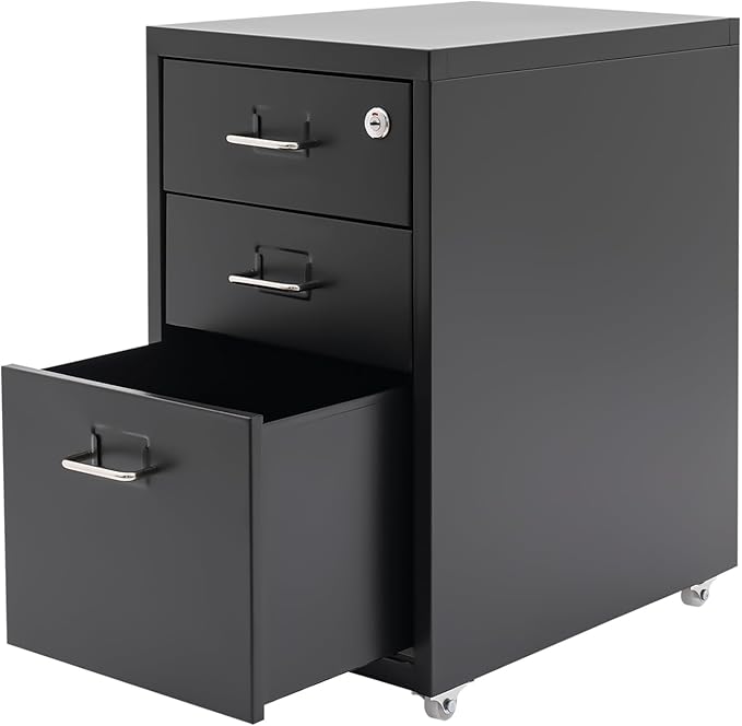 Vertical File Cabinet, 3-Drawer Metal Mobile File Cabinet with Lock, 11 * 16 * 18.3In Filing Cabinet Under Desk with Tag Jacks for Home Office (Black)
