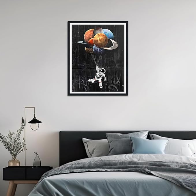 Space Framed Wall Art, Astronaut Holding Floating Planet,Cosmic Galaxy Canvas Print, Modern Home Office Decor, Stretched Ready to Hang, 12.5x16.5 Inches