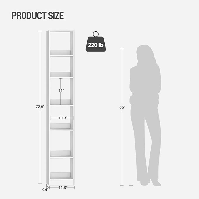 Bookcase, Tall Narrow Bookshelf, Open Display Storage Shelf, Skinny Cube Book Shelf with Adjustable Shelves, CD Rack for Living Room, Home Office 6-Tier(9.4 x 11.8 x 72.5 inch) White BC09603X