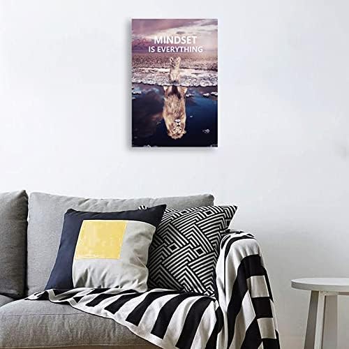 Motivational Canvas Painting Animal Poster Little Lion and Big Lion Mindset is Everything Wall Art Printing Office Decoration Frame[12''W X 18''H]