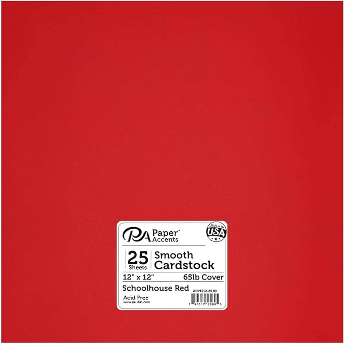 PA Paper Accents Smooth Cardstock 12" x 12" Schoolhouse Red, 65lb colored cardstock paper for card making, scrapbooking, printing, quilling and crafts, 25 piece pack