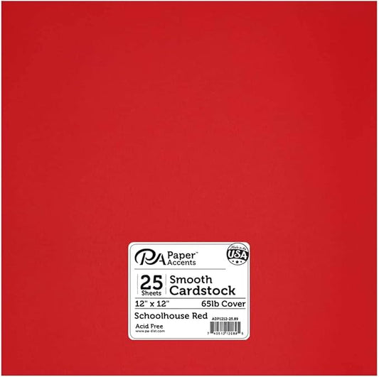 PA Paper Accents Smooth Cardstock 12" x 12" Schoolhouse Red, 65lb colored cardstock paper for card making, scrapbooking, printing, quilling and crafts, 25 piece pack