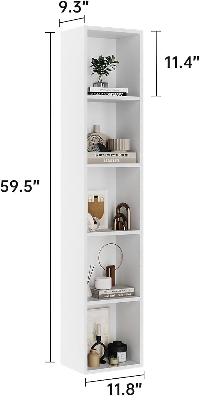 MXV Narrow Bookshelf, 5-Tier Open Bookcase, Coner Shelf, Storage Shelves, Display Storage Shelves, Floor Standing Unit, Home Decor, Furniture for Home Office, Living Room, Bedroom, White