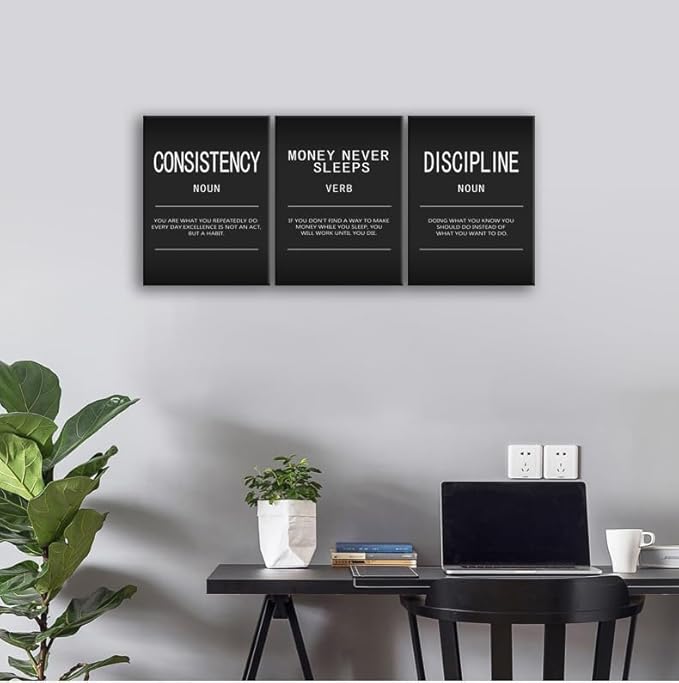 Motivational Canvas Wall Art Money Never Sleeps Verb Painting Office Decor Consistency Noun Posters Prints Inspirational Discipline Noun Picture for Wall Art Decor Home Living Room Framed[36" W X 16"