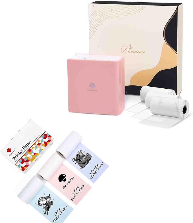 Phomemo Mini Pocket Printer- M02 Portable Thermal Tiny Photo Printer with 3 Rolls Paper, for Home, School, Office, Compatible with iOS and Android, Pink