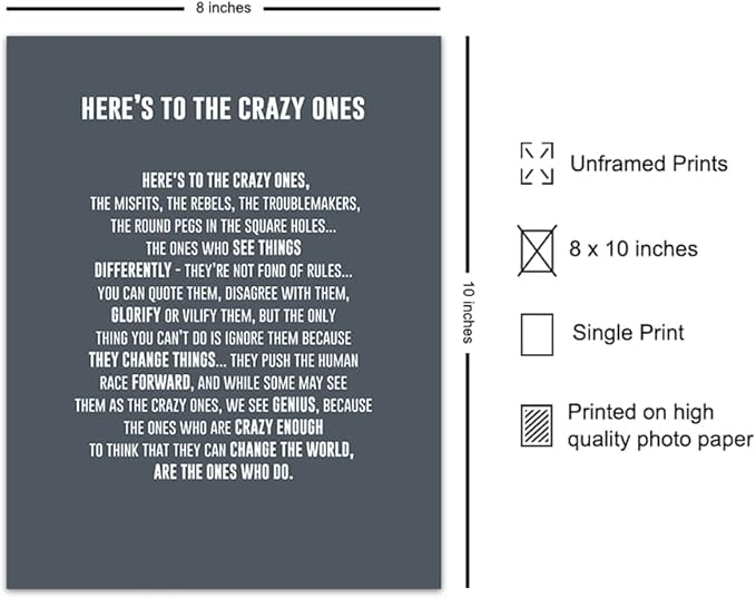 Heres to the Crazy Ones Entrepreneurial Motivational Quote -8x10 Art Print, Home Decor - Inspirational Wall Art Poster - Unique Room Decorations for Office, Den - Gift for Entrepreneur, Boss