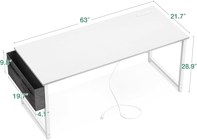 KKL Large Computer Desk with Power Outlets and USB Port Desk for Home Office Gaming Simple Modern Style Writing Desks with Storage Bag Headphone Hook, 63 inch, White