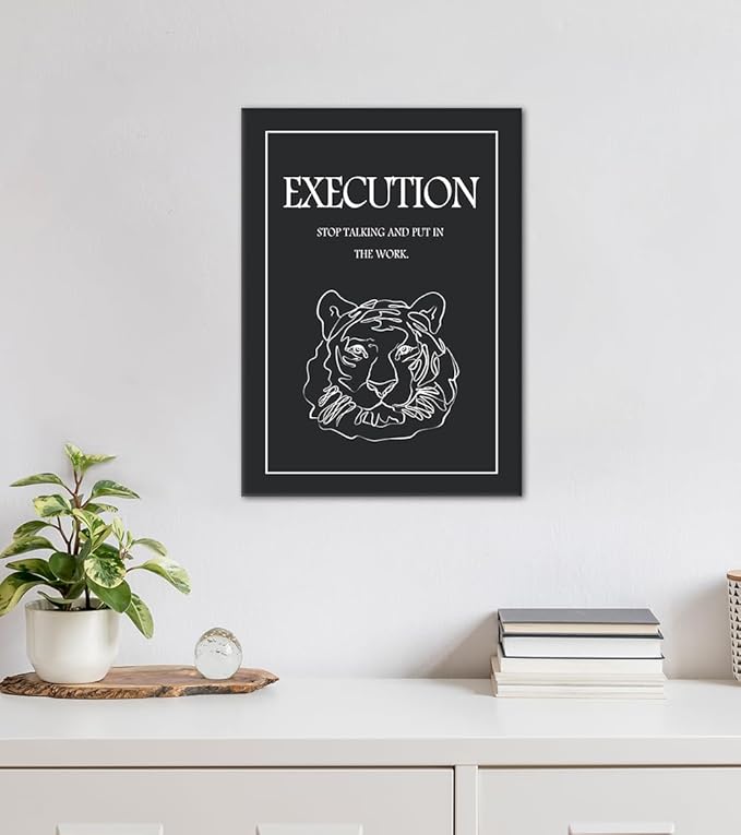 Inspirational Execution Wall Art - Tiger Head with Motivational Quote Canvas Print, Black and White Office Wall Decor, STOP TALKING AND PUT IN THE WORK Poster for Home Workspace, Framed 12"x16"