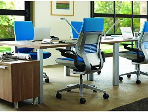 Steelcase Gesture Office Chair - Buzz2 Blue Upholstered Wrapped Back Platinum Metallic Frame Low Seat Merle Seat/Back/Arms (Dark/Light) Hard Floor Caster Wheels