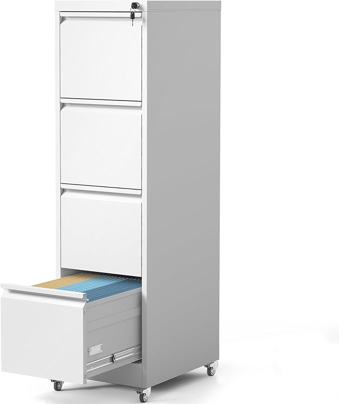 4 Drawer File Cabinet with Wheels, Metal Filing Cabinet with Lock and Wheels, Rolling Filing Storage Home Office, Vertical File Cabinets for Hanging Legal/Letter Size Files, Assembly Required, White