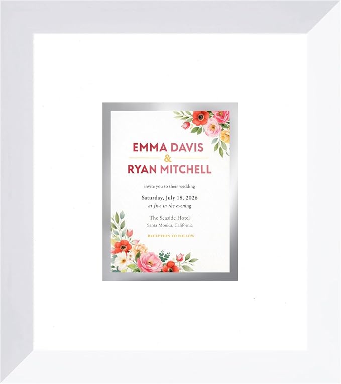Invitation Picture Frame White With Double Mat White Over Metallic Silver for 4.25x5.5 A2 Keepsake Made in the USA
