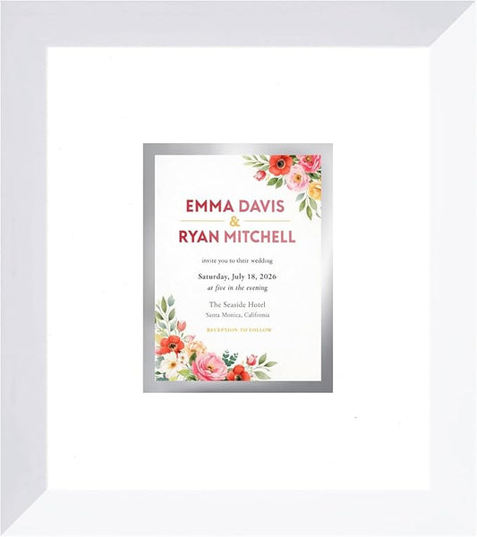 Invitation Picture Frame White With Double Mat White Over Metallic Silver for 4.25x5.5 A2 Keepsake Made in the USA