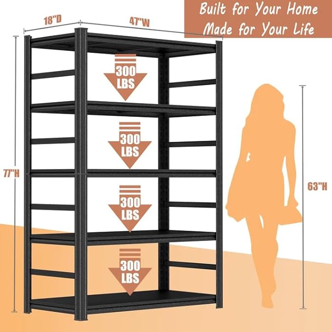 Modern Bookshelf, 5-Tier Book Shelf, 1500LBS Display Bookcase, Steel Frame & Metal Shelves, 77.5"H Adjustable Bolt-Free Storage Shelves for Living Room, Bedroom, Home, Garage, Kitchen, 47.2"W x18"D