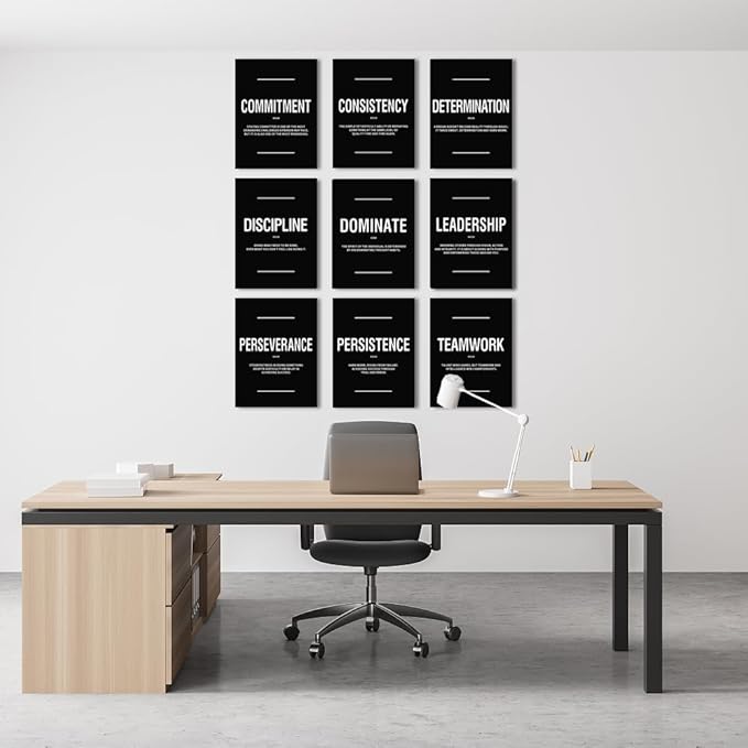 COSCTOR Set of 9 Motivational Wall Art Decor Inspirational Posters Quotes Framed Canvas Pictures Grind Hustle Execute for Workplace Office Garage Gym Classroom Bedroom(Framed,12x16)