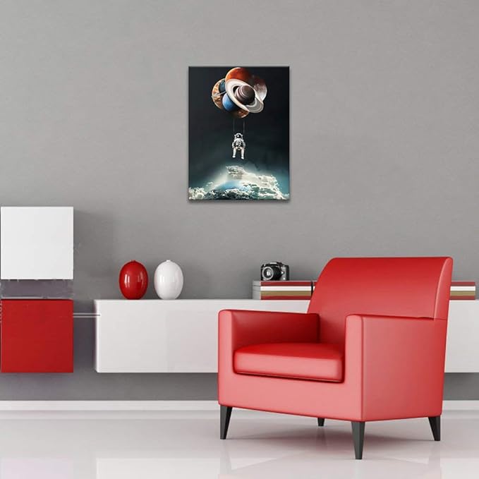 Yatsen Bridge Space Astronaut Canvas Wall Art, Creative Universe Planet Balloon Poster and Print with Frame, Modern House Decorations for Game Room Kids Room Ready to Hang - 18x24 inches