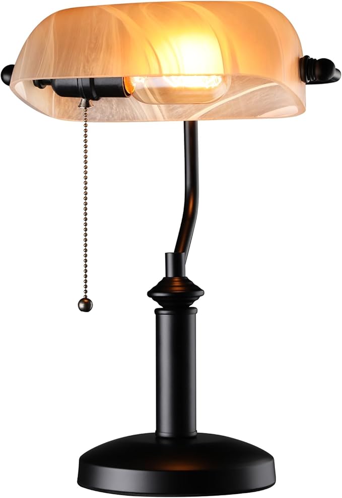 TORCHSTAR Pale Yellow Glass Bankers Desk Lamp, Antique Desk Lamps with Uniquely Textured, Traditional Library Lamp with Pull Chain, E26 Base, Desk Lamp for Office, Study Room