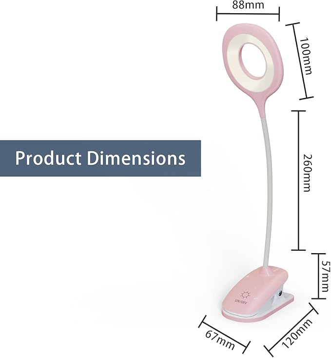 Clip On Reading Light, USB Rechargeable Desk Lamp for Dorm Room Essential, Clip On Light, 3 Color Touch Dimmable, Eye Protect, Pink