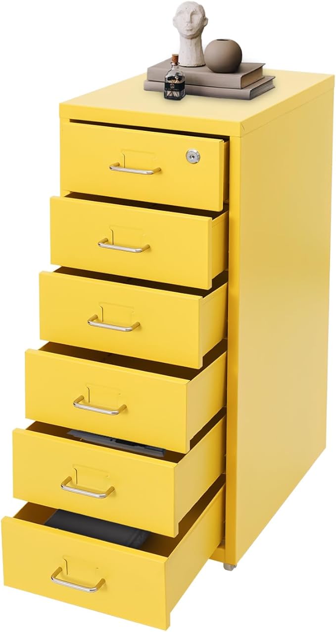 6-Drawer Metal File Cabinet, Metal Filing Storage Vertical Cabinets with Lock Home Office Filing Cabinets for Organization Hanging Letter/Legal/F4/A4 (Yellow)