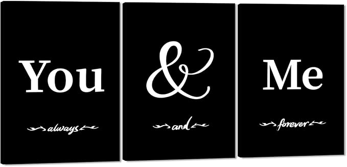 3 Panel You and Me Wall Art - Framed Romantic Bedroom Canvas Painting Black and White Wall Decor Inspiring Words Always & Forever Print Poster Modern Home Decor for Bathroom Living Room, 20" x 28"x 3