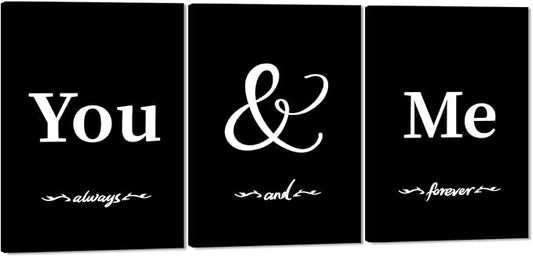 3 Panel You and Me Wall Art - Framed Romantic Bedroom Canvas Painting Black and White Wall Decor Inspiring Words Always & Forever Print Poster Modern Home Decor for Bathroom Living Room, 20" x 28"x 3