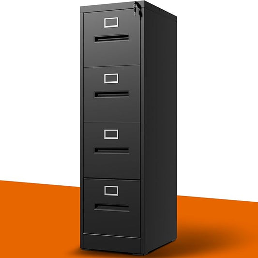 4 Drawer File Cabinet with Lock, Metal Vertical Filing Cabinet for Home Office, Office Furniture for Organization Hanging Files for A4/ Legal/Letter, Heavy Duty Storage Cabinet,Require Assembly-Black