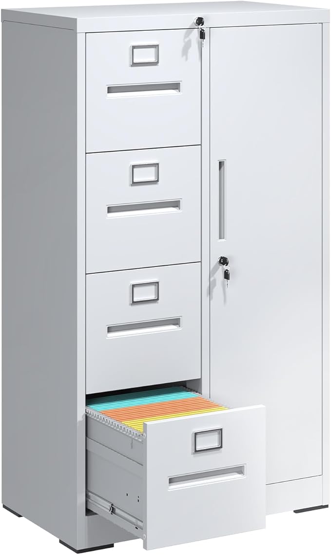4 Drawer File Cabinet with Shelves and Hanging Rod, Metal Filing Cabinet with Lock for Home Office, File Storage Drawers for Legal/Letter Size Folders, Assembly Required (White)