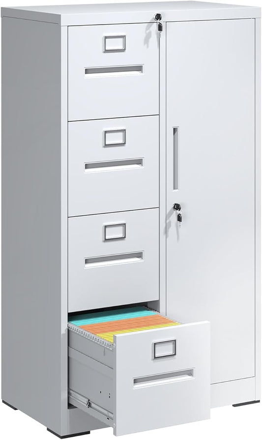 4 Drawer File Cabinet with Shelves and Hanging Rod, Metal Filing Cabinet with Lock for Home Office, File Storage Drawers for Legal/Letter Size Folders, Assembly Required (White)