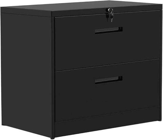 Lateral Filing Cabinet, 2 Drawer Metal Lockable File Cabinet for Commercial Grade Office Legal and Letter File (Black)