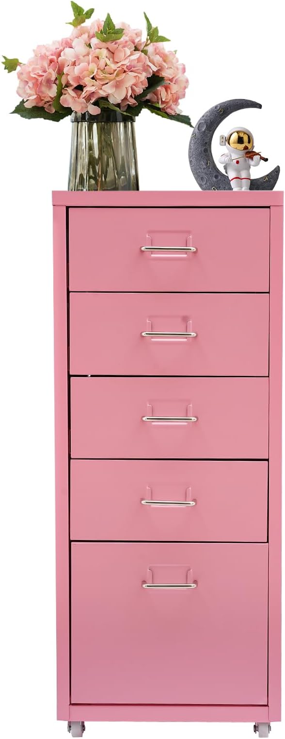 Metal File Storage Cabinet,Side Storage Organizer,Freestanding Storage Unit,Metal Garage Storage Drawer,Storage Cabinet with 5 Drawers and Wheels for Office,Home,School，Pink,11 * 16.1 * 27.1in