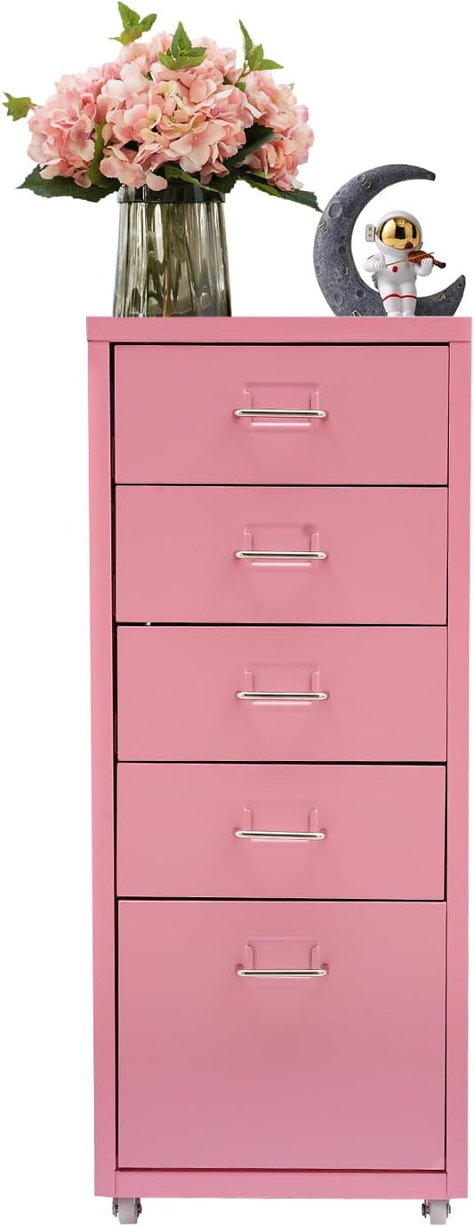 Metal File Storage Cabinet,Side Storage Organizer,Freestanding Storage Unit,Metal Garage Storage Drawer,Storage Cabinet with 5 Drawers and Wheels for Office,Home,School，Pink,11 * 16.1 * 27.1in