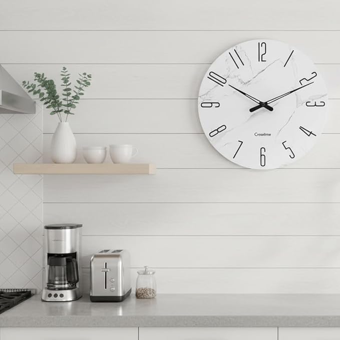 Wall Clock White Marble Theme Modern Decorative Waterproof Glass Clock for Bathroom Kitchen Home, 12 Inch Battery Operated