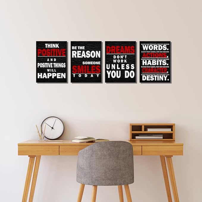 Motivational Wall Decor Art Red Black Gym Office Wall Art Inspirational Poster Quote Framed Positive Canvas Wall Art for Office Bedroom Dorm Wall Decor Sign Boys Girls Room 12"x16", 4pieces