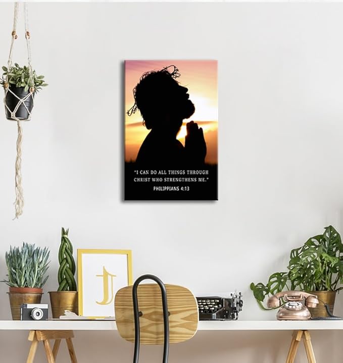 Religious Wall Decor“I Can Do All Things Through Christ”Philippians 4:13 Bible Verse Poster Inspirational Wall Art Jesus Silhouette with Crown Inspirational Quote for Church Home Indoor[12" W X 18" H]