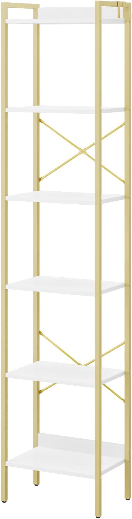 Bookshelf, Book Shelf, Industrial Bookcase with 2 Hooks, Coner Shelf Storage Organizer for Home Office, Living Room, Bedroom, Kitchen, 6-Tier White-Gold BC10713G