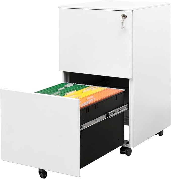 JULYFOX 2 Drawers Mobile File Cabinet W/Lock, 27.2 inch White Steel Filing Cabinet on Casters with 2 Keys Fully Extension Drawers Letter Legal A4 Size 300 lb Heavy Duty-White