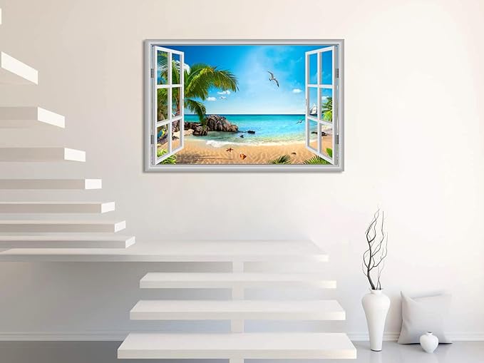 Large Beach Pictures Wall Art Canvas Print Artwork Blue Ocean Palm Tree Seascape Decor Living Room Bedroom Office with Framed 32 x48
