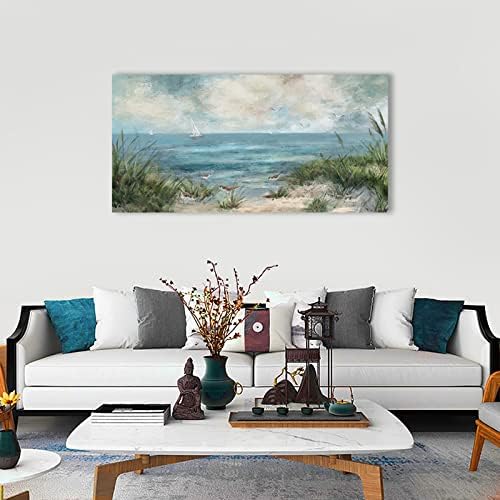 arteWOODS Vintage Seascape Canvas Prints Wall Decor Ocean Sailboat Canvas Pictures Seagull Bird Reed Canvas Painting Artwork for Living Room Bedroom Office Decoration 20" X 40"