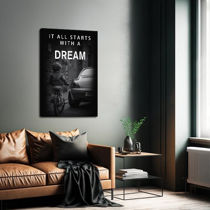 Motivational Office Quote Verb-It All Starts with A Dream Inspirational Office Wall Art Littile Boy and Car Wall Pictures HD Print Modern Home Decor Study Room Library Wall Hangings Framed-24 inch x