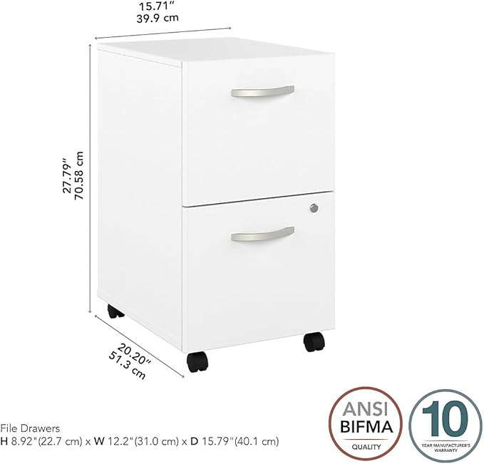 Bush Business Furniture Hybrid 2 Drawer Mobile File Cabinet in White - Assembled