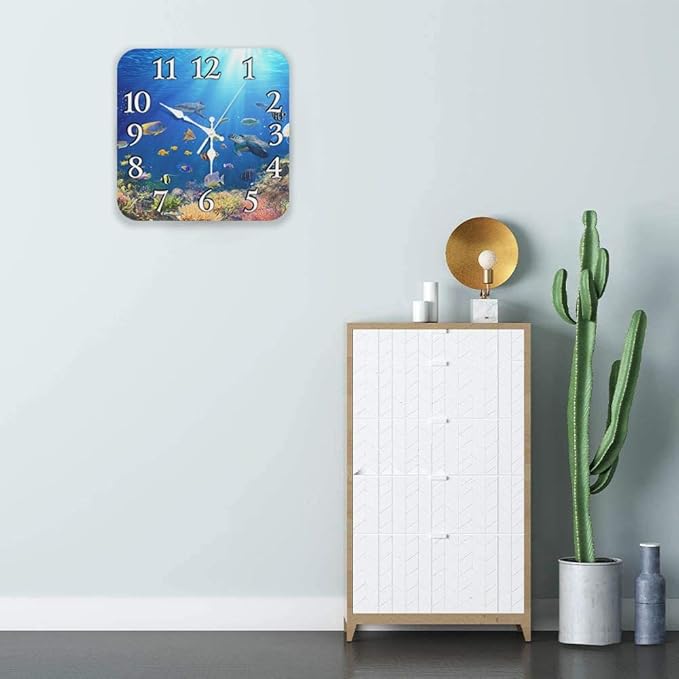 Britimes Wall Clock, Square Silent Non-Ticking Battery Operated Clock 12 Inch, Underwater Coral Reef Tropical Fish Home Decor for Living Room, Bathroom, Bedroom, Kitchen, Office and School
