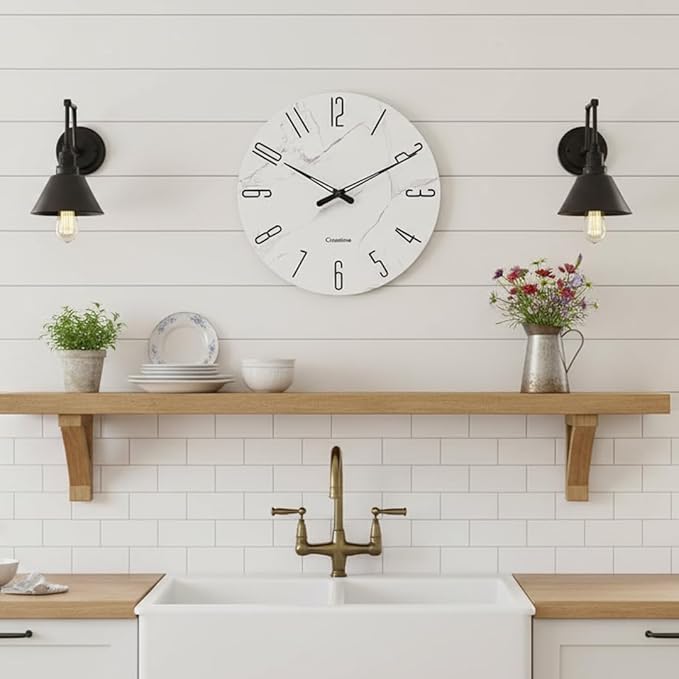 Wall Clock White Marble Theme Modern Decorative Waterproof Glass Clock for Bathroom Kitchen Home, 12 Inch Battery Operated