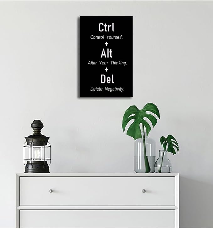 Motivational Poster CTRL ALT DEL Signs Inspirational Wall Decor Positive Mental Health Quotes Printed Canvas Poster For Office Home Bedroom Framed [12" W X 18" H]