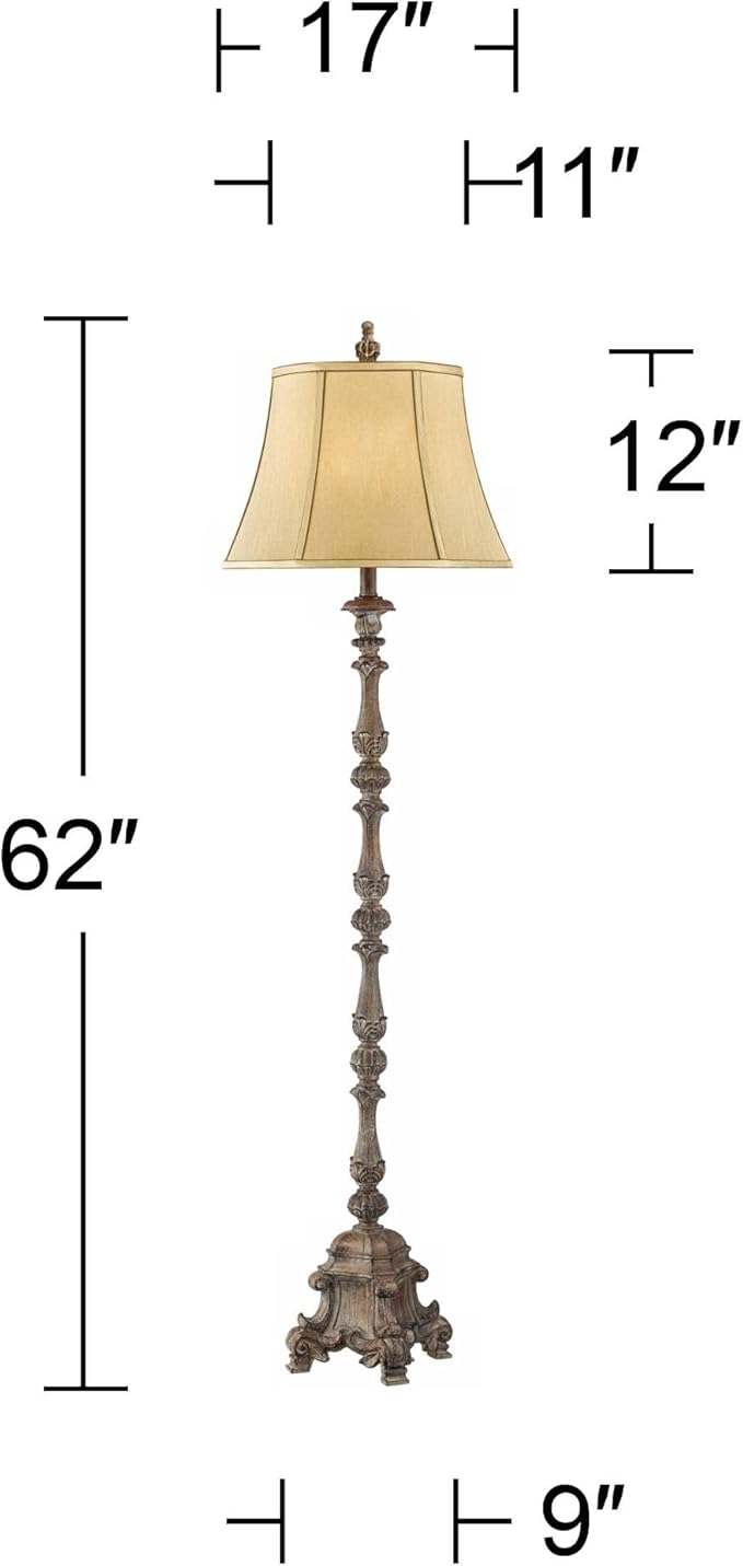 Regency Hill Rustic French Country Traditional Style Floor Lamp Standing 62" Tall Faux Wood Antique Candlestick Beige Silk Fabric Bell Shade Cottage Core Decor for Living Room Reading House Bedroom