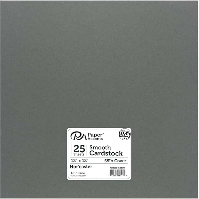 PA Paper Accents Smooth Cardstock 12" x 12" Nor'easter, 65lb colored cardstock paper for card making, scrapbooking, printing, quilling and crafts, 25 piece pack
