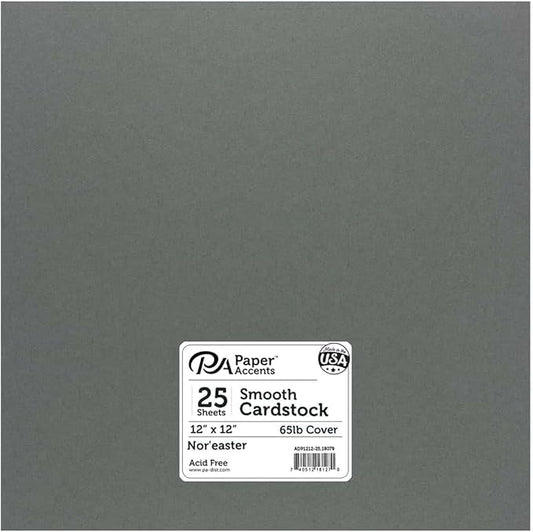PA Paper Accents Smooth Cardstock 12" x 12" Nor'easter, 65lb colored cardstock paper for card making, scrapbooking, printing, quilling and crafts, 25 piece pack
