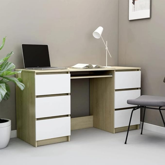 Modern Writing Computer Desk with 6 Drawers, Home Office Desk Writing Study Table PC Desk Workstation for Bedroom, White and Sonoma Oak 55.1"x19.7"x30.3" Engineered Wood(D)